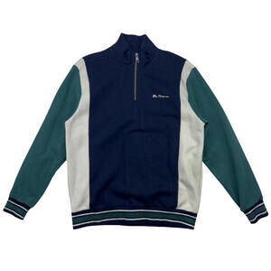 Ben Sherman Funnel Neck 1/4 Zip Sweatshirt Cotton Blend Blue Green Size M